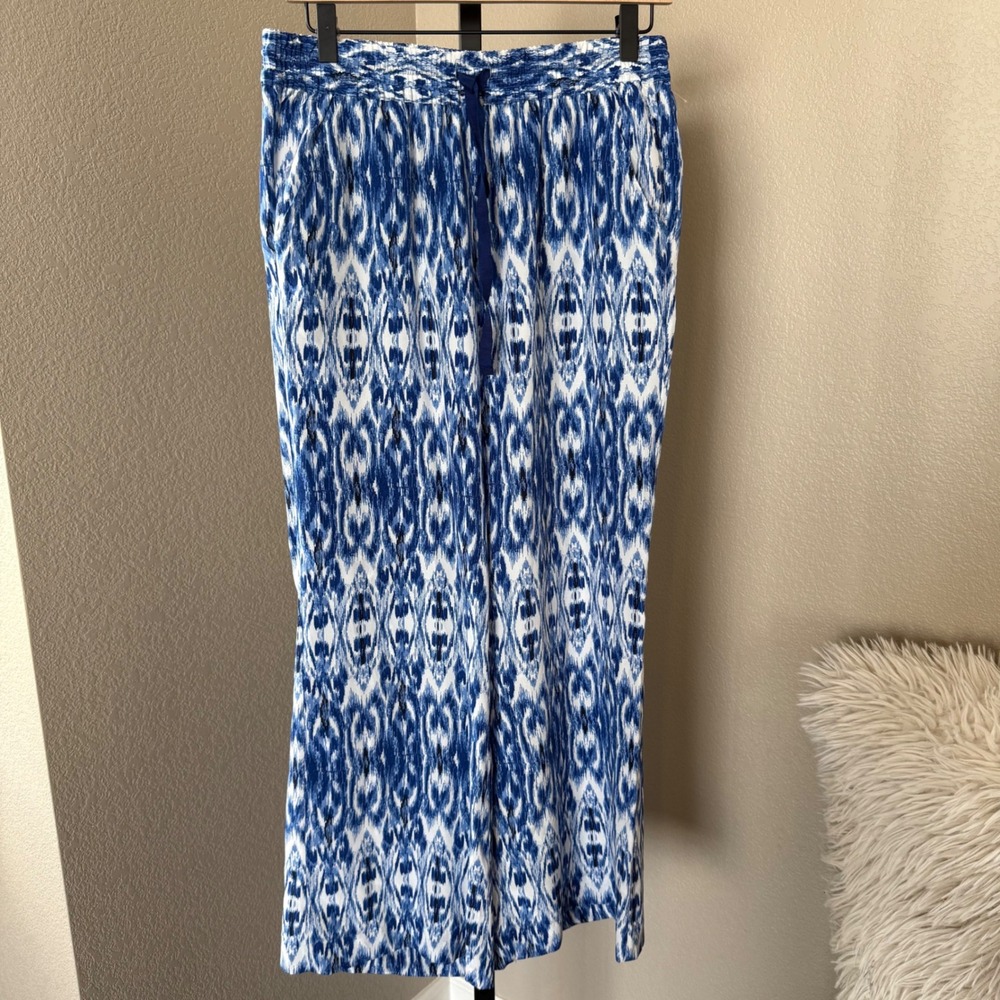 Joie Aryn Wide Leg Silk Boho Pants Womens Small Ikat Print Blue/White‎